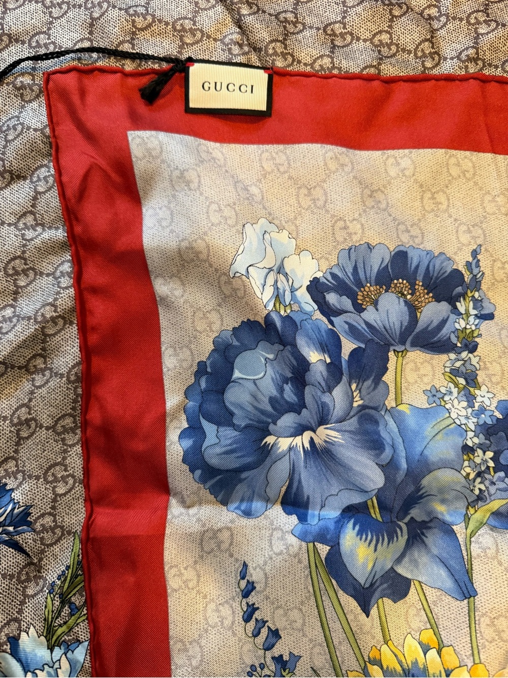 Gucci Beige Monogram Floral Silk Scarf with Blue, Yellow and Red Accents - Picture 2 of 9